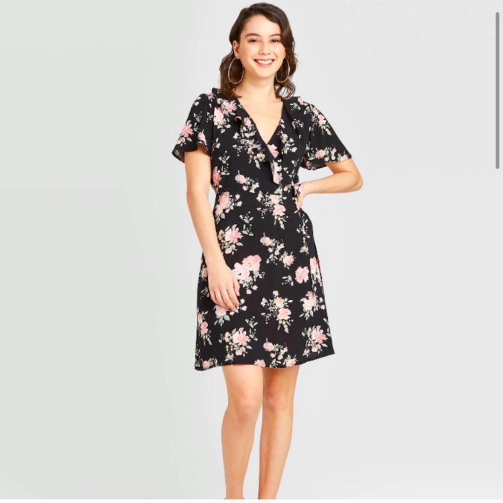 NWT Black and pink floral zippered dress with side bow - Picture 1 of 7